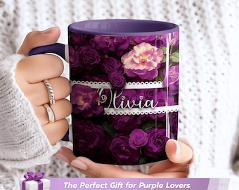 Personalized Purple Rose Mug and Coasters, Custom Floral Coffee Cup, Elegant Gift