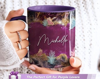 Personalized Purple Marble Mug and Coasters, Custom Name, Floral Gold Accent, Office gifts