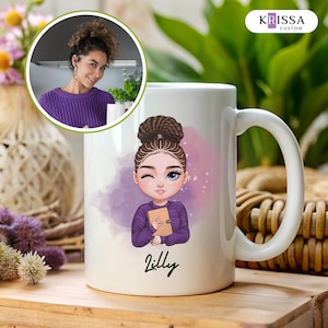 Custom Mug with Name, Personalized Cartoon Character Coffee Cup, Gift for Women, Sister Mum Birthday Gift, Bridesmaid, Girlfriend