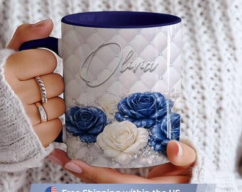 Personalized 3D Floral Mug with Name, Navy Blue and Cream Rose Quilted Mug – Custom Gift for Mom, Best Friend, Teacher, Luxury Ceramic Mug