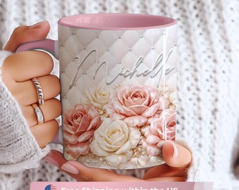 Personalized Elegant 3D Floral Mug with Name, Luxury Rose Coffee Cup Gift for Women, Custom Pink Mug for Mom, Best Friend, Teacher