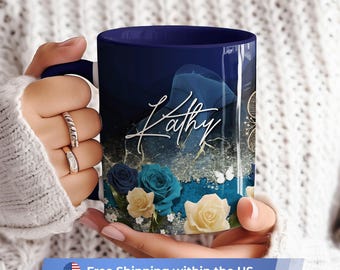 Personalized Navy Rose Mug and Coaster Set, Elegant Floral Coffee Cup
