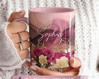 Personalized Pink Rose Mug and Coaster, Gold Glitter Marble Floral Coffee Cup, Luxury Ceramic Coffee Cup, Valentine Gifts Her