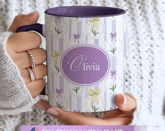 Personalized Purple Coquette Mug, Lavender Bow Cup, Floral Coffee Mug, Cute Girly Mug, Aesthetic Coquette Mug, Birthday Gift for Women