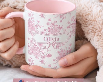 Personalized Pink Toile de Jouy Mug, Custom Name Coffee Mug, Vintage French Mug, Coquette Gift for Her, Cute Pink Mug 11oz 15oz