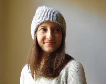 The Elm Hat in Soft Grey / hand knit / double brim thick warm wool blend beanie toque