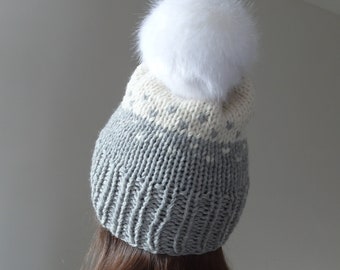 The Snowfall Hat / Wool hand knit hat beanie with faux fur pom pom / light grey and white