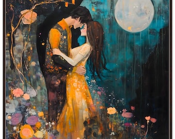 Moonlit Lovers romantic couple love moonlit scene whimsical painting floral accents romantic decor modern art dreamy love scene