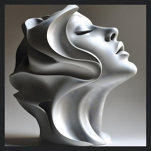 Puede incluir: Una escultura blanca abstracta de la cabeza de una mujer con el pelo suelto. La escultura está hecha de líneas y curvas suaves y fluidas, y los ojos de la mujer están cerrados.