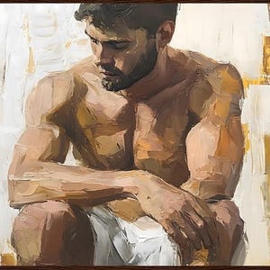 Reflective Solitude male portrait muscular man abstract modern art textured brushstrokes minimalist