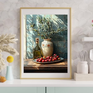 Mediterranean Kitchen Print: Olive Oil, Greek Farmhouse Art (Digital Download)