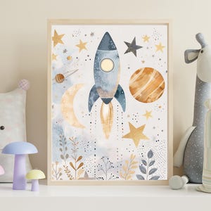Arte de pared imprimible para habitación de niño, cohete espacial para habitación infantil, impresión con temática de estrellas, descarga digital instantánea, póster de acuarela azul para niño y niña