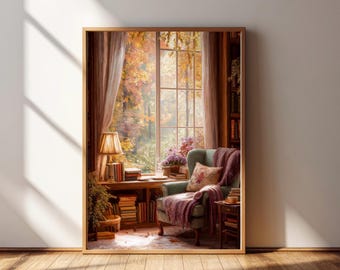 Cozy Autumn Reading Nook Print: Cottagecore Fall Decor (Digital Download)