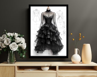 May include: A black and white illustration of a dress with a high neckline and a ruffled skirt. The dress is drawn on a white background with black lines and measurements.
