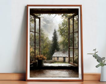 Rainy Cottage Window Print: Cozy Hygge Home Art (Digital Download)