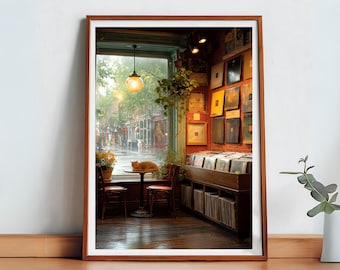 Rainy Day Cat Cafe Print: Vintage Coffee Shop Poster (Digital Download)