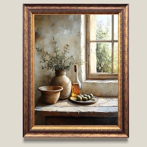 May include: A framed oil painting depicting a still life with a vase of olive branches, a bottle of olive oil, and a bowl of olives on a wooden table. The painting is set against a backdrop of a window with a view of a garden.