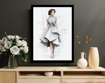 Op de afbeelding: Een ingelijste mode-illustratie van een vrouw in een witte jurk met een gelaagde rok en een kraagtop. Het kunstwerk is in een schetsstijl, met potloodachtige lijnen. De afbeelding wordt weergegeven op een houten kast met bloemen en vazen.