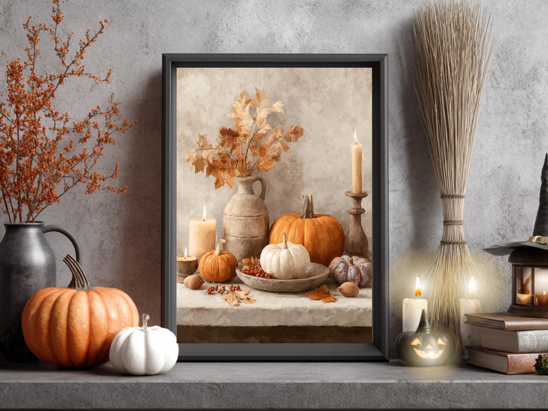 Pumpkin Still Life Art Print: Neutral Autumn Candle Decor (digital ...
