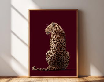 Burgundy Leopard Wall Art Printable, Elegant Wildlife Portrait, Modern Animal Wall Decor, Luxury Cheetah Poster Art Digital Download