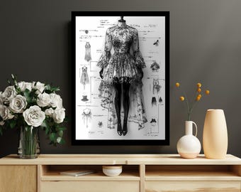 Puede incluir: Una ilustración en blanco y negro de un vestido con un dobladillo alto-bajo. El vestido está detallado con encaje y tiene un corpiño ajustado. La ilustración está rodeada de bocetos de diferentes diseños de vestidos.