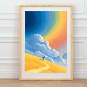 Póster digital de paisaje de ensueño colorido con arcoíris para habitación de niña, póster de cielo surrealista con impresión de nubes para habitación infantil o galería de pared.