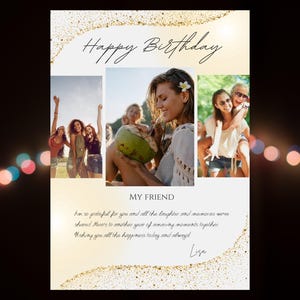 Tarjeta de cumpleaños con foto personalizada para amigos, saludo imprimible de cumpleaños personalizado, tarjeta editable de descarga instantánea de Canva para fiesta de 18 años.