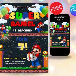 Faire-part de Mario pour enfant, 7e anniversaire, thème du jeu animé, vidéo pour mobile gratuite, modifiable, imprimable, personnalisé pour 5 ans, invitation numérique