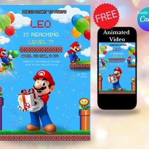 Faire-part de Mario pour enfant, 7e anniversaire, thème du jeu animé, vidéo pour mobile gratuite, modifiable, imprimable, personnalisé pour 5 ans, invitation numérique