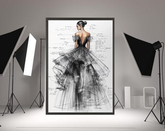 Black Couture Dress Fashion Illustration: Elegant Sketch Art Print (Digital Download)