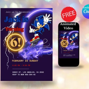 Invitation animée modifiable d'anniversaire de Sonic l'hérisson 3 pour garçon Invitation numérique imprimable Sonic 6 ans fête modèle toile personnalisé à télécharger