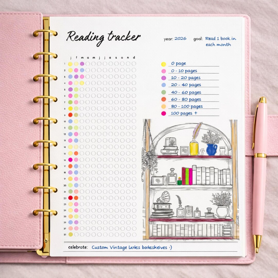 2026 Reading Habit Tracker Printable Journal, Bookshelf Coloring Page ...