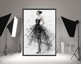Black Couture Fashion Illustration Print: Elegant Evening Gown Sketch (Digital Download)