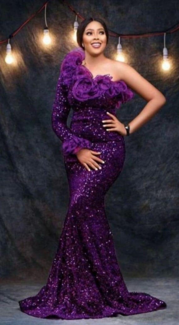 black woman in purple dress Purple mermaid dress,bridal wear,evening dress,purple sequence dress,African prints,women clothing,prom dress,wedding outfit,reception dress