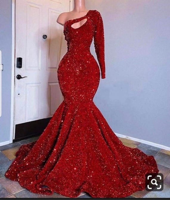 chinese dress ladies Gorgeous Red Mermaid Long Sleeves Sexy High Slit Sparkle Prom Dresses,  FC6207
