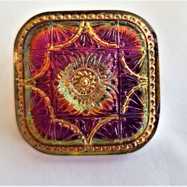 Czech button Square, 33mm iridescence, pink, purple gold Retired