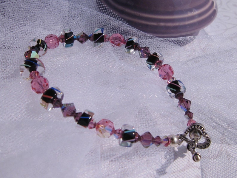 Fatdog Bracelet - hot B1031 Black, Pink and Purple Cane Glass and Crystal