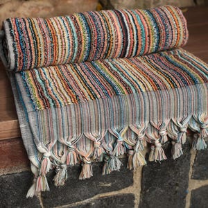 May include: A colorful striped Turkish towel with fringe tassels. The towel is rolled up and has a variety of colors, including blue, green, orange, and yellow.
