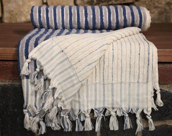 VM COCO Organic Blue Wick Patterned Bath Towel | Hand Woven | Quality Turkish Cotton | Soft | Thick Towel | Personalized Gift