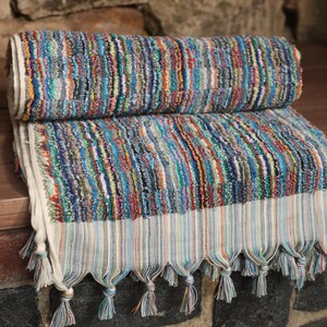 May include: A colorful striped bath towel with a fringe border. The towel is rolled up and has a variety of colors, including blue, green, red, and yellow.