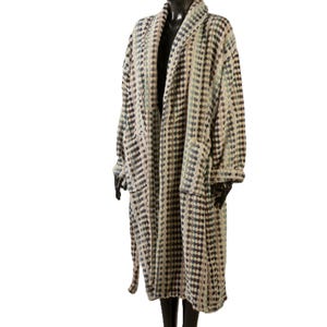 May include: A long-sleeved robe with a checkered pattern in shades of beige, brown, blue, and white. The robe has a shawl collar and a tie belt.