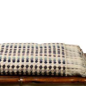 May include: A folded bath towel with a geometric pattern of blue, green, and white squares and circles. The towel has a fringe border and is made of a soft, absorbent material.