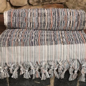 May include: A striped Turkish towel with a fringe border. The towel is rolled up and has a variety of colors, including blue, gray, and brown.