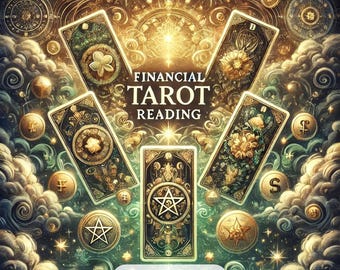 May include: A tarot card reading focused on financial matters. The image features five tarot cards with gold accents and intricate designs, set against a backdrop of swirling clouds and stars. The text "FINANCIAL TAROT READING" is displayed in a gold font, and the phrase "SAME HOUR" is written in red on a white background.
