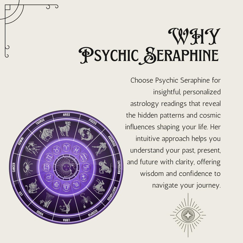 May include: A purple and white zodiac wheel with the text "WHY PSYCHIC SERAPHINE" above it. The text below the wheel reads "Choose Psychic Seraphine for insightful, personalized astrology readings that reveal the hidden patterns and cosmic influences shaping your life. Her intuitive approach helps you understand your past, present, and future with clarity, offering wisdom and confidence to navigate your journey."
