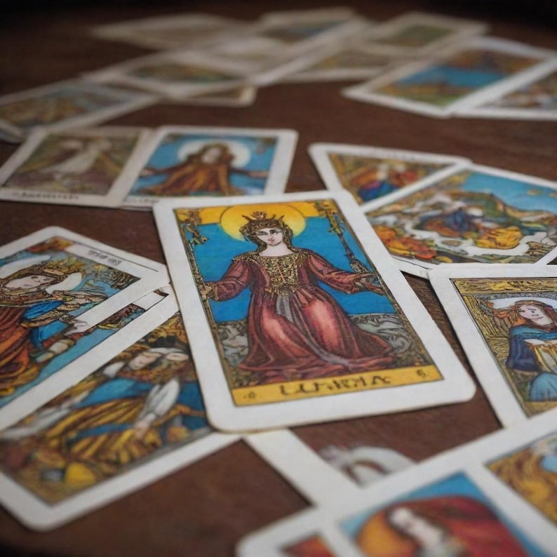 May include: A tarot card with a woman in a red and gold dress standing on a blue background. The card is called "The Empress" and has a yellow border.
