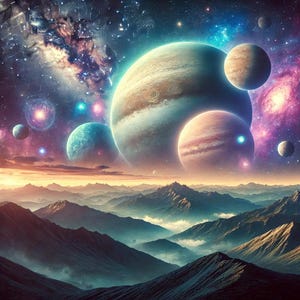 May include: A digital painting of a colorful, fantastical landscape with a mountain range in the foreground and a starry sky with multiple planets in the background.