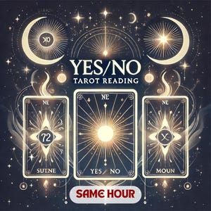 May include: A tarot card reading with a yes or no answer. The cards are displayed against a dark blue background with gold stars and moons. The cards show the numbers 72 and X, the words "SUTNE", "YES NO", and "MOUN", and the words "SAME HOUR" in red.
