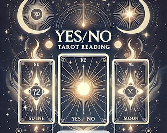 May include: A tarot card reading with a yes or no answer. The cards are displayed against a dark blue background with gold stars and moons. The cards show the numbers 72 and X, the words "SUTNE", "YES NO", and "MOUN", and the words "SAME HOUR" in red.