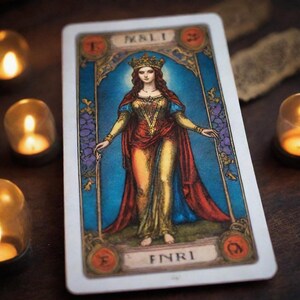 May include: A tarot card with a blue background and a woman in a red and gold dress holding a staff. The card is titled "FINRI" and "M&LI" in a decorative font.
